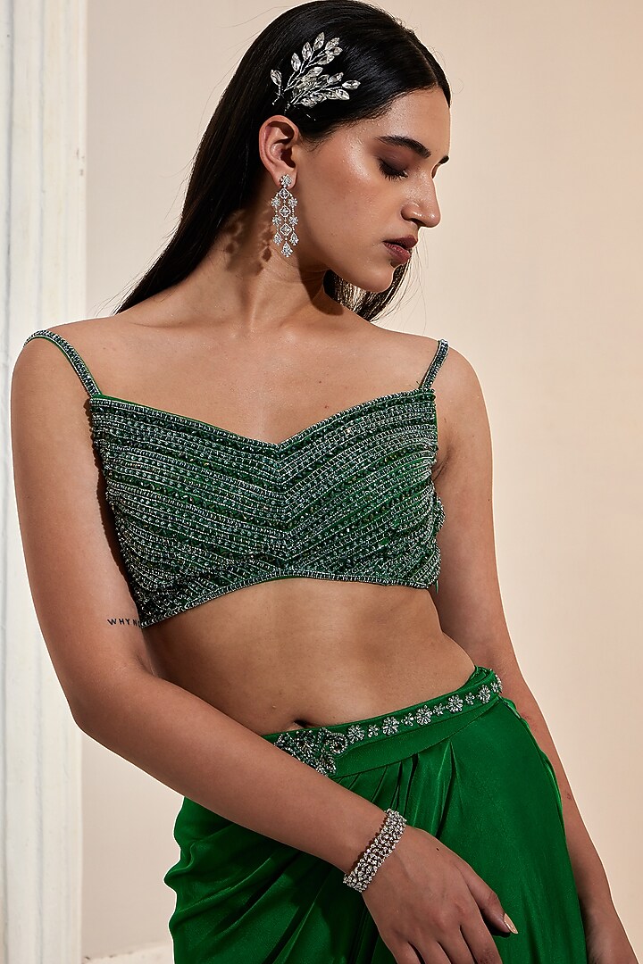 Green Net & Sartin Georgette Draped Skirt Set by Swati Wadhwani Couture at Pernia's Pop Up Shop