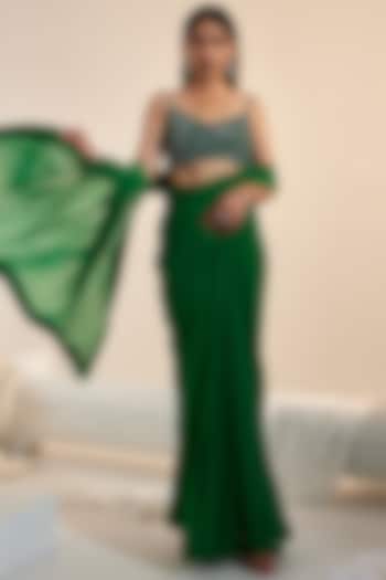 Green Net & Georgette Tassel Embroidered Draped Saree Set by Swati Wadhwani Couture
