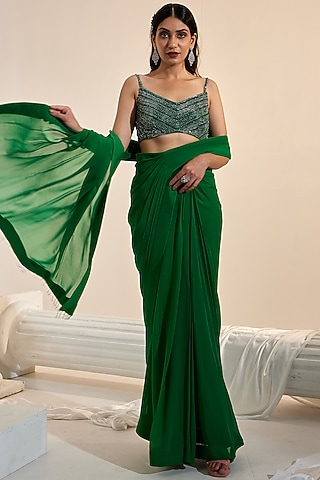 Green Net & Georgette Tassel Embroidered Draped Saree Set by Swati Wadhwani Couture