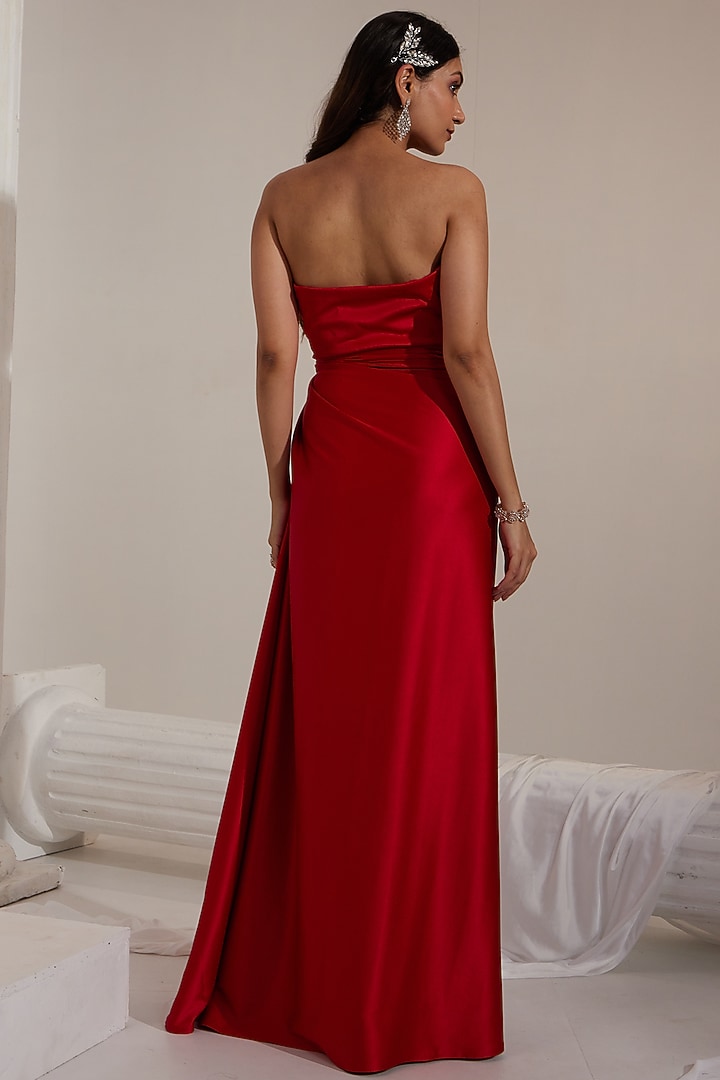 Red Satin Crystal & Cutdana Embroidered Draped Engagement Gown by Swati Wadhwani Couture at Pernia's Pop Up Shop