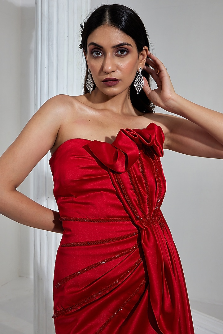 Red Satin Crystal & Cutdana Embroidered Draped Engagement Gown by Swati Wadhwani Couture at Pernia's Pop Up Shop