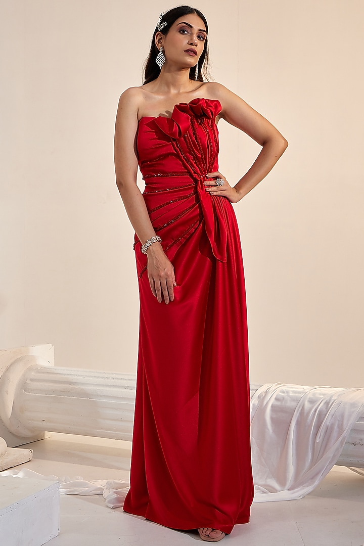Red Satin Crystal & Cutdana Embroidered Draped Engagement Gown by Swati Wadhwani Couture at Pernia's Pop Up Shop