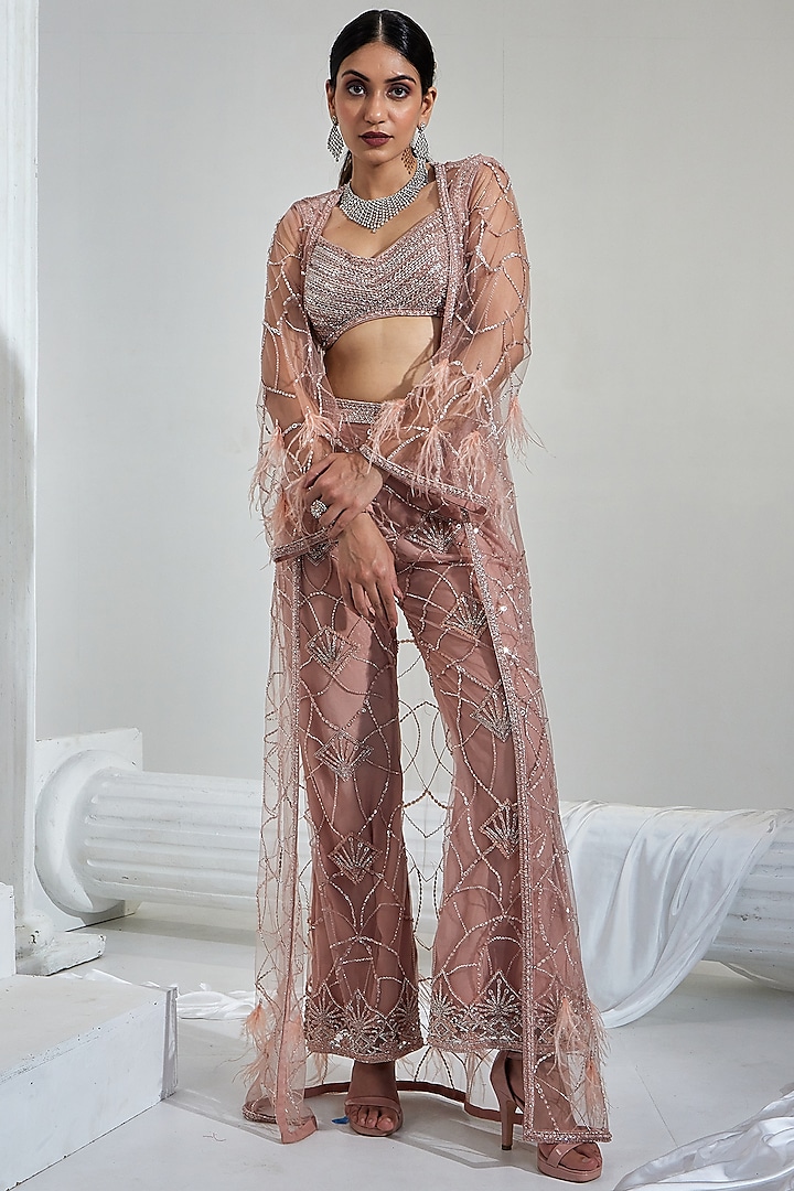 Champagne Rose Net & Crepe Sequins Embroidered Jacket Set by Swati Wadhwani Couture