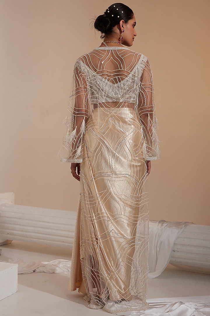 Eggshell Colored Satin Draped Skirt Set by Swati Wadhwani Couture at Pernia's Pop Up Shop