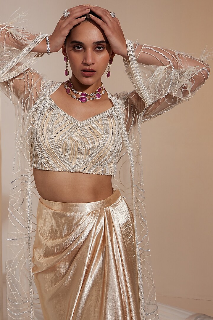 Eggshell Colored Satin Draped Skirt Set by Swati Wadhwani Couture at Pernia's Pop Up Shop
