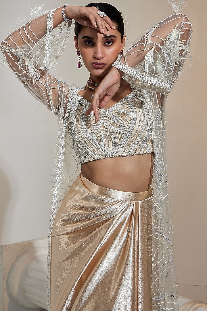 Eggshell Colored Satin Draped Skirt Set by Swati Wadhwani Couture at Pernia's Pop Up Shop