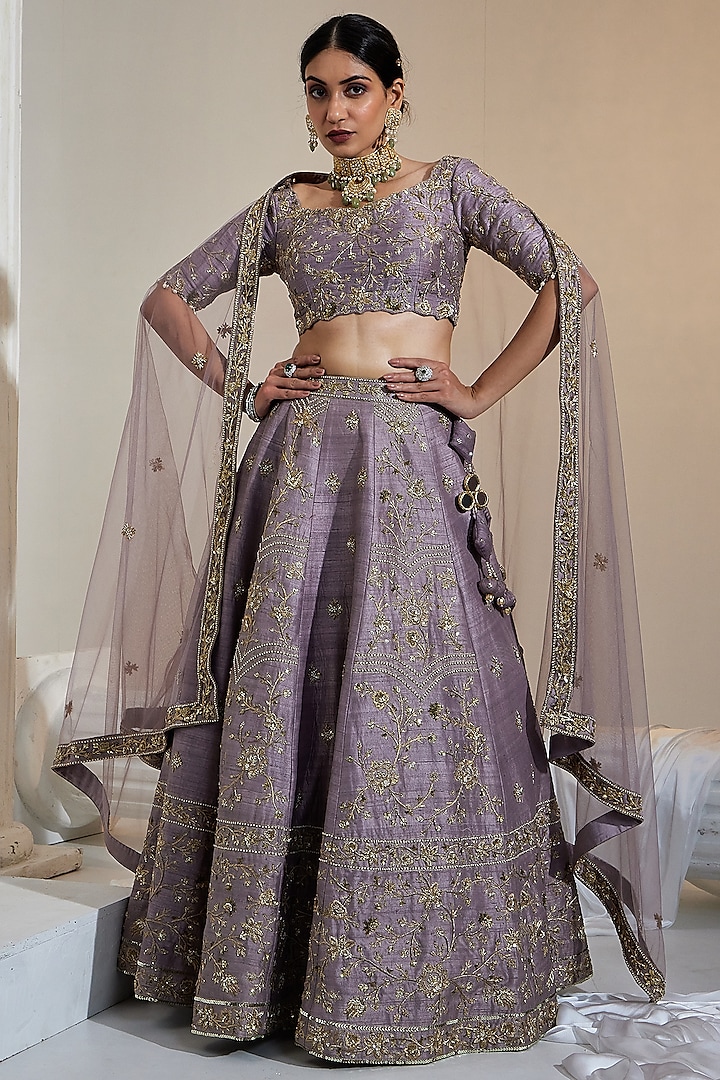 Dusty Mauve Pure Raw Silk Zari & Sequins Embroidered Lehenga Set by Swati Wadhwani Couture