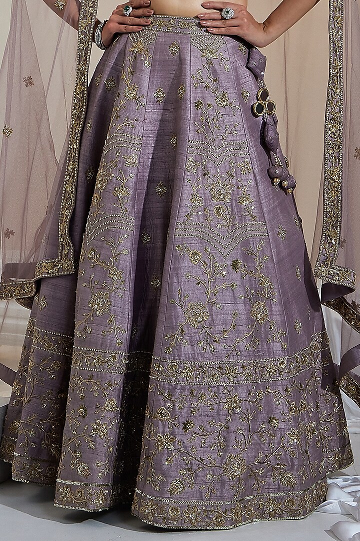 Dusty Mauve Pure Raw Silk Zari & Sequins Embroidered Bridal Lehenga Set by Swati Wadhwani Couture at Pernia's Pop Up Shop