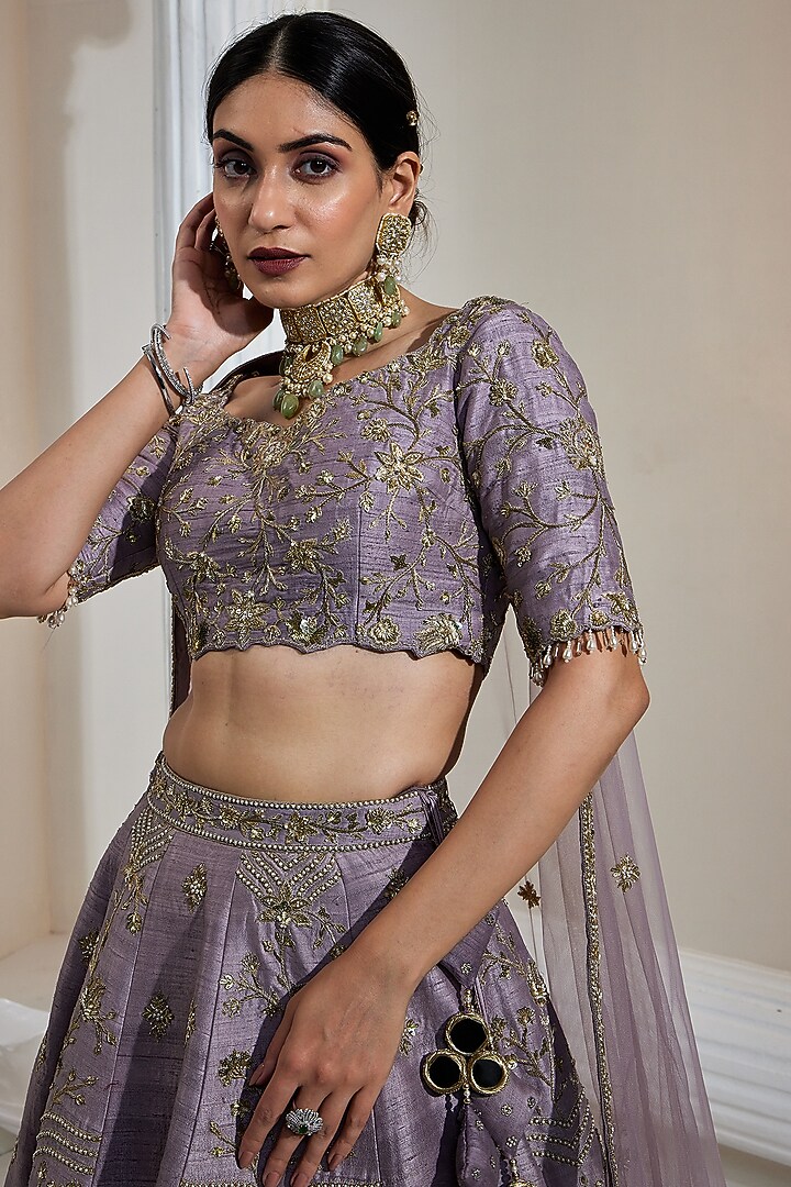 Dusty Mauve Pure Raw Silk Zari & Sequins Embroidered Bridal Lehenga Set by Swati Wadhwani Couture at Pernia's Pop Up Shop