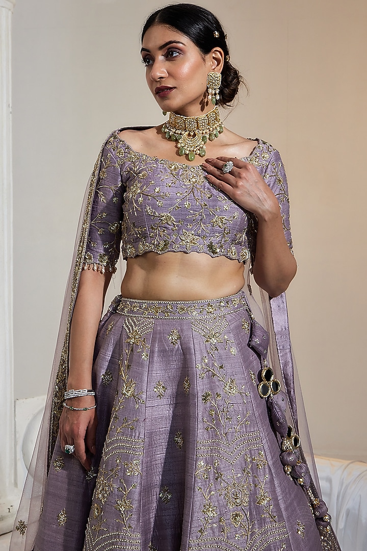 Dusty Mauve Pure Raw Silk Zari & Sequins Embroidered Bridal Lehenga Set by Swati Wadhwani Couture at Pernia's Pop Up Shop