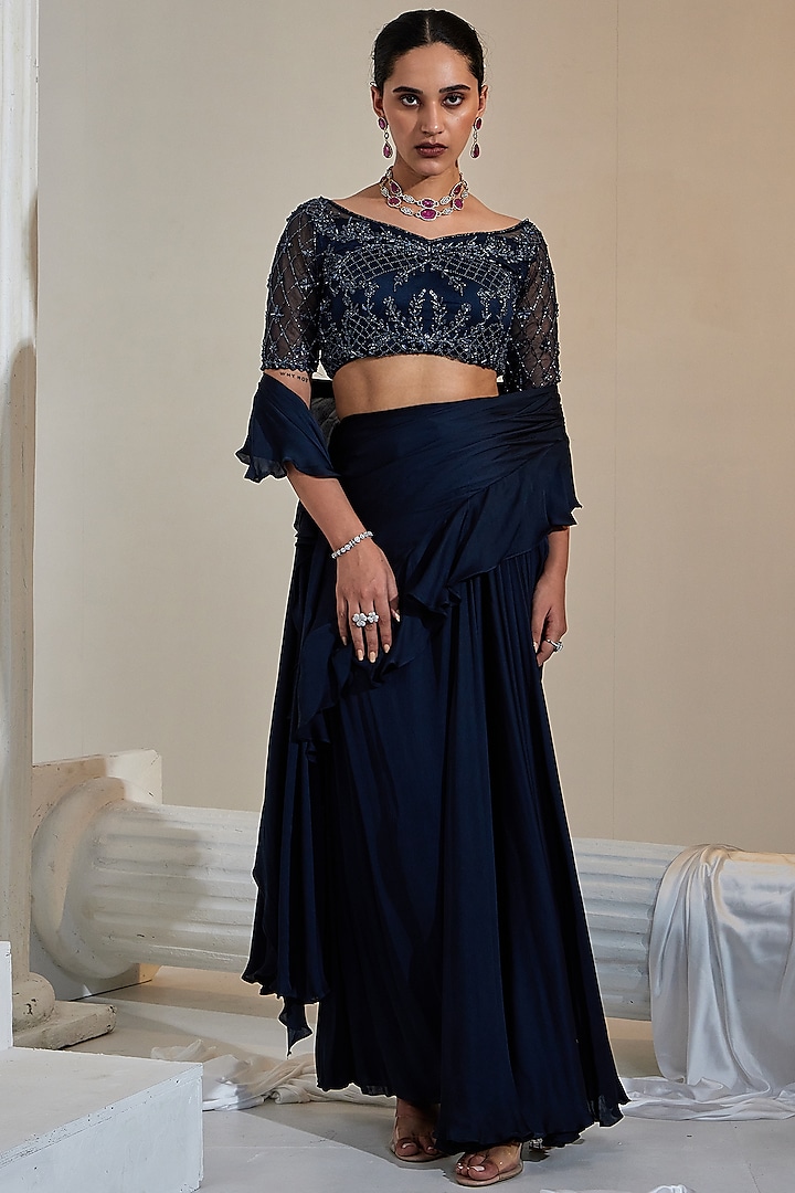 Midnight Blue Satin Georgette & Net Draped Saree Set by Swati Wadhwani Couture