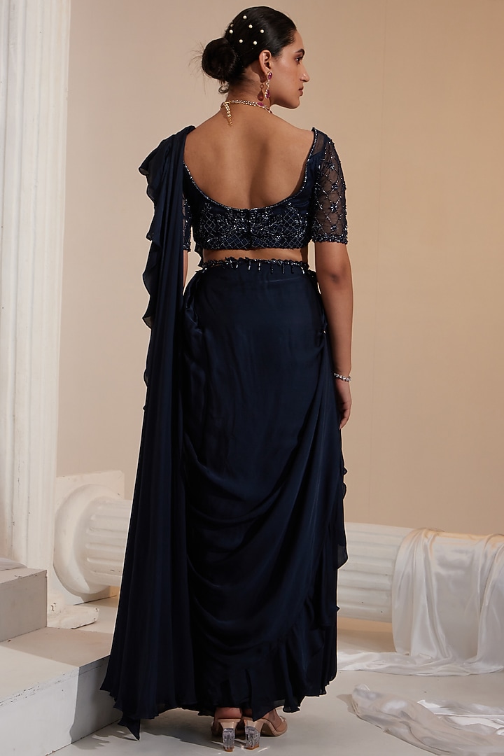 Midnight Blue Satin Georgette & Net Draped Wedding Saree Set by Swati Wadhwani Couture at Pernia's Pop Up Shop