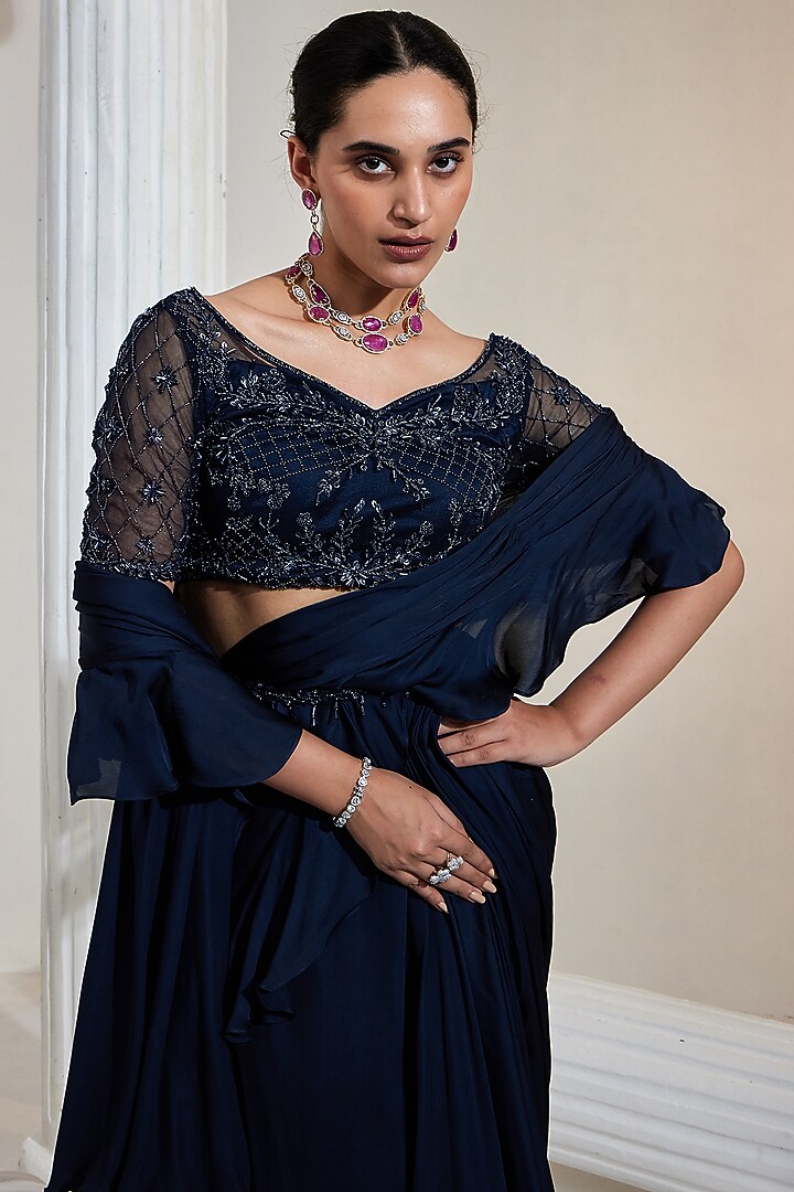 Midnight Blue Satin Georgette & Net Draped Wedding Saree Set by Swati Wadhwani Couture at Pernia's Pop Up Shop