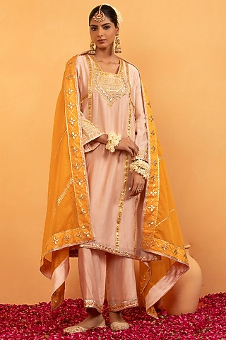 Cozy Peach Chanderi Gota Work Kurta Set by Swati Wadhwani Couture