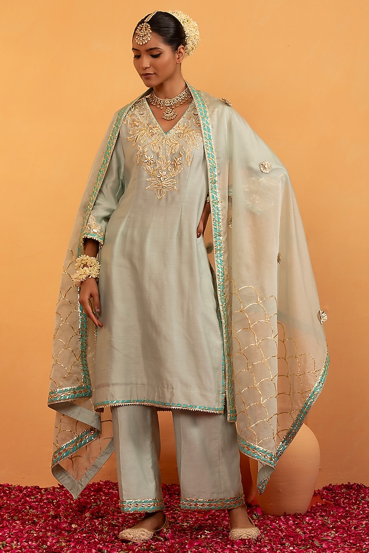 Mint Chanderi Gota & Pearl Embroidered Kurta Set by Swati Wadhwani Couture at Pernia's Pop Up Shop