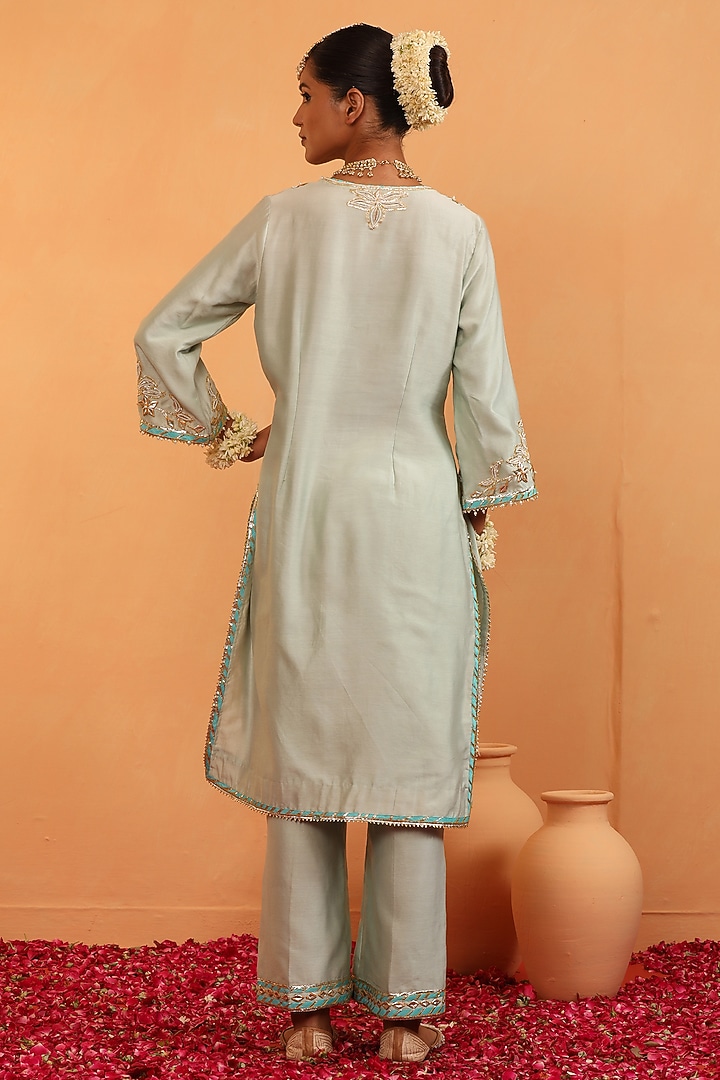 Mint Chanderi Gota & Pearl Embroidered Kurta Set by Swati Wadhwani Couture at Pernia's Pop Up Shop