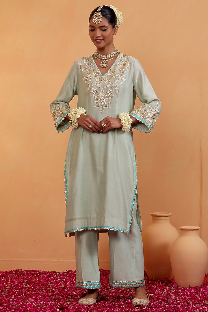 Mint Chanderi Gota & Pearl Embroidered Kurta Set by Swati Wadhwani Couture at Pernia's Pop Up Shop