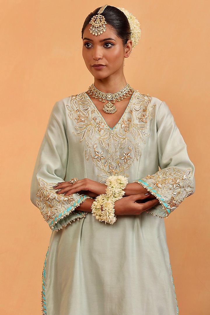 Mint Chanderi Gota & Pearl Embroidered Kurta Set by Swati Wadhwani Couture at Pernia's Pop Up Shop