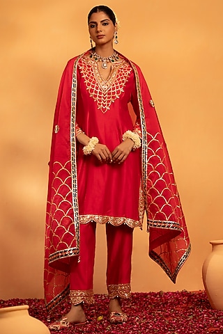Crimson Red Chanderi Gota Work Kurta Set by Swati Wadhwani Couture
