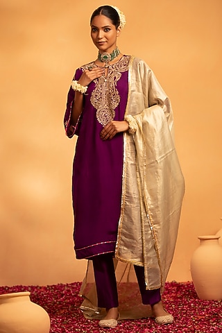 Purple Silk Zari & Sequins Work Kurta Set by Swati Wadhwani Couture