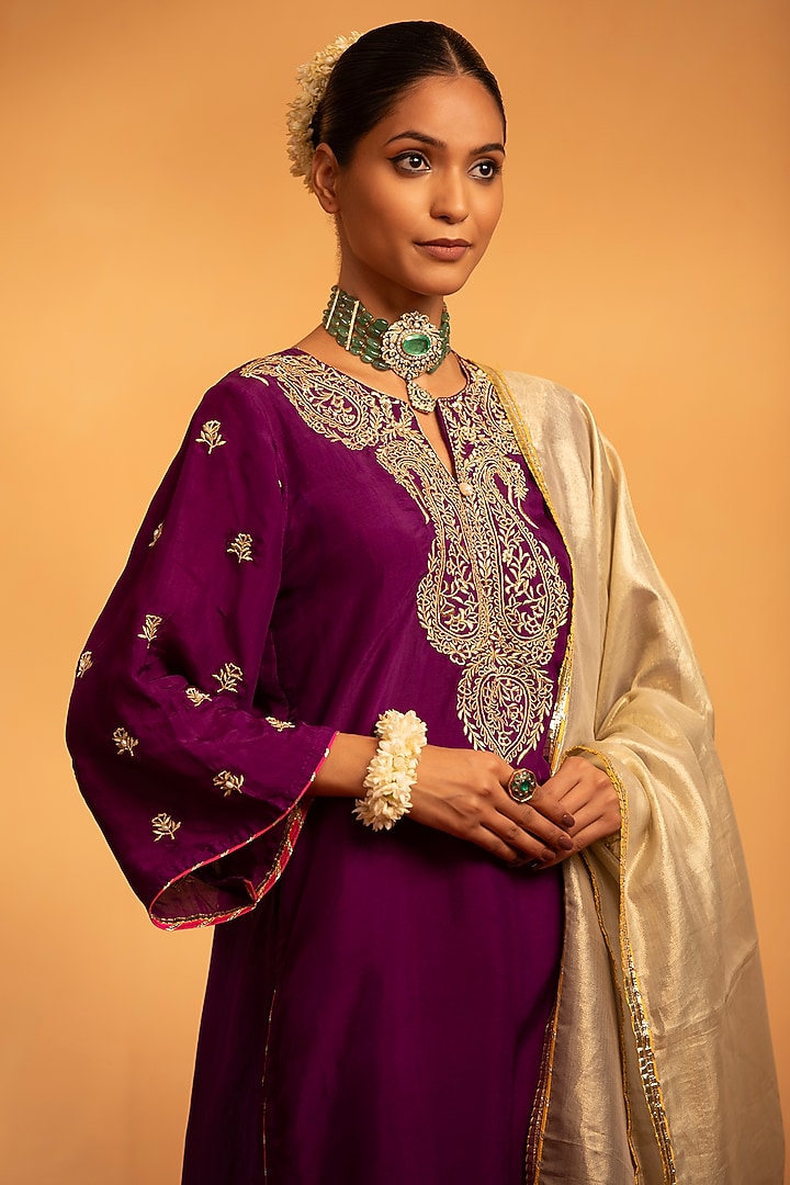 Purple Silk Zari & Sequins Work Kurta Set by Swati Wadhwani Couture at Pernia's Pop Up Shop