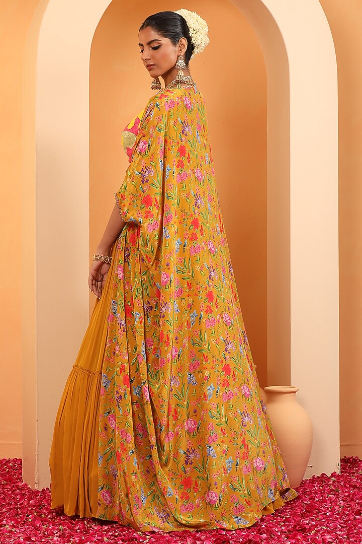 Honey Mustard Crepe Printed Cape Set by Swati Wadhwani Couture at Pernia's Pop Up Shop