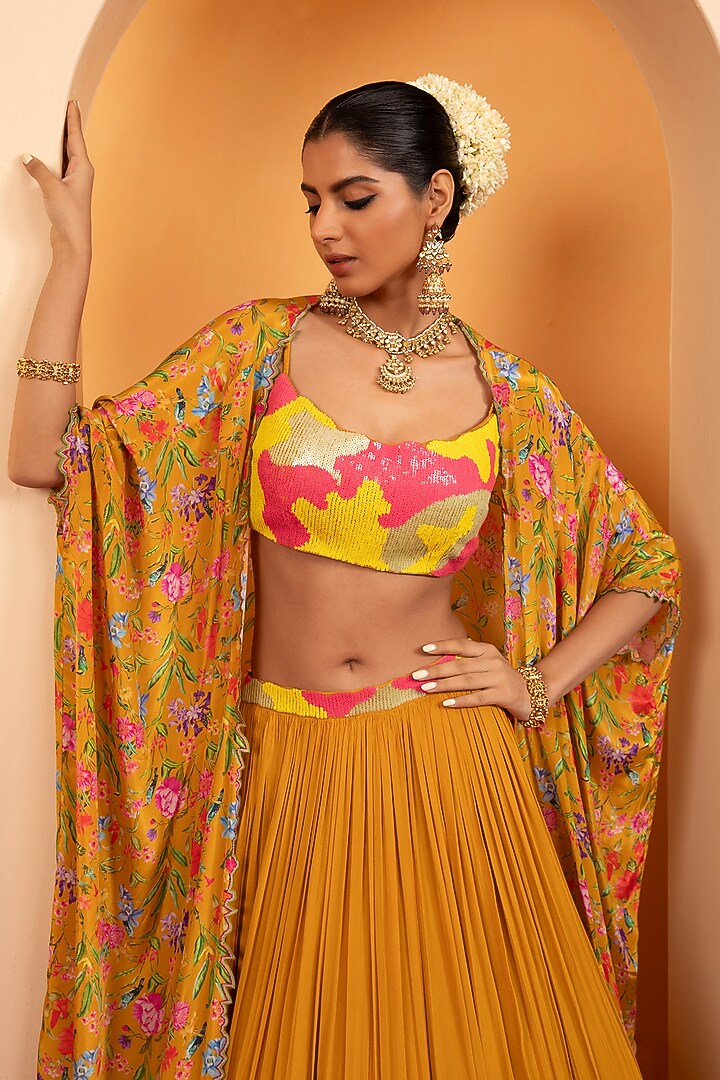 Honey Mustard Crepe Printed Cape Set by Swati Wadhwani Couture at Pernia's Pop Up Shop