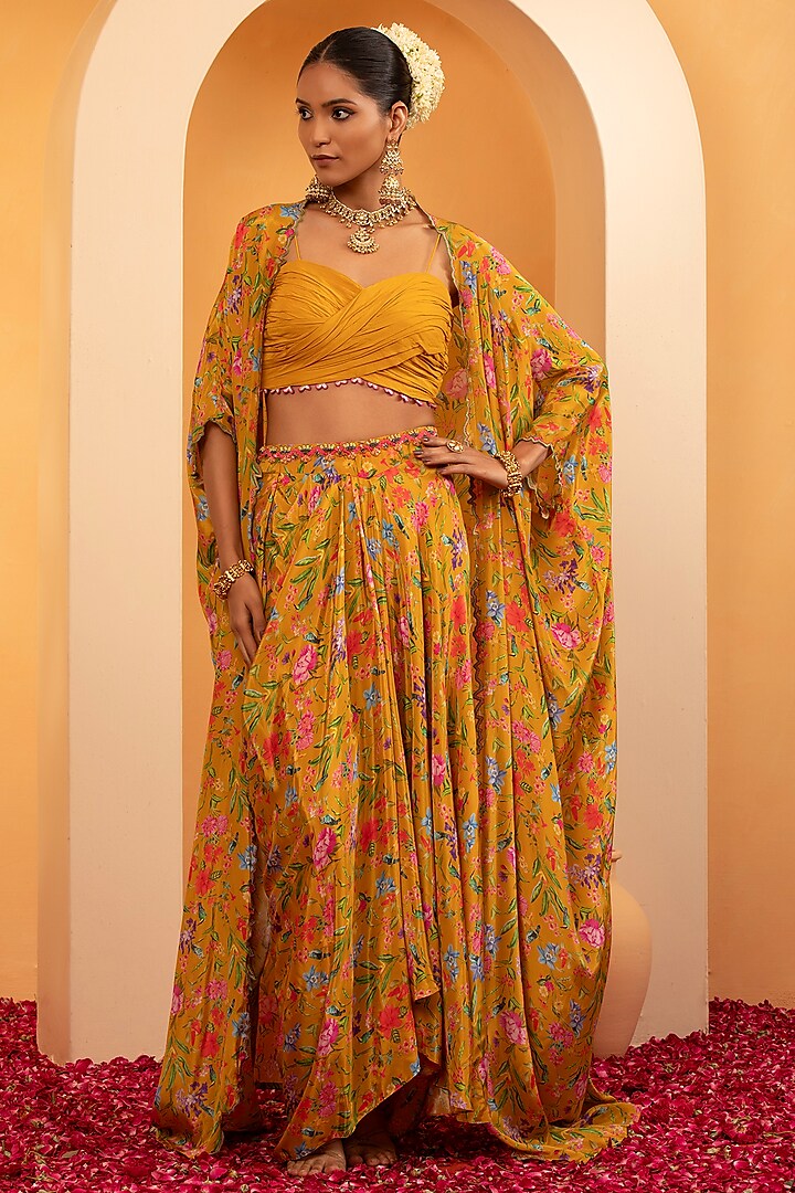 Honey Mustard Crepe Printed Cape Set by Swati Wadhwani Couture at Pernia's Pop Up Shop