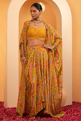 Honey Mustard Crepe Printed Cape Set by Swati Wadhwani Couture