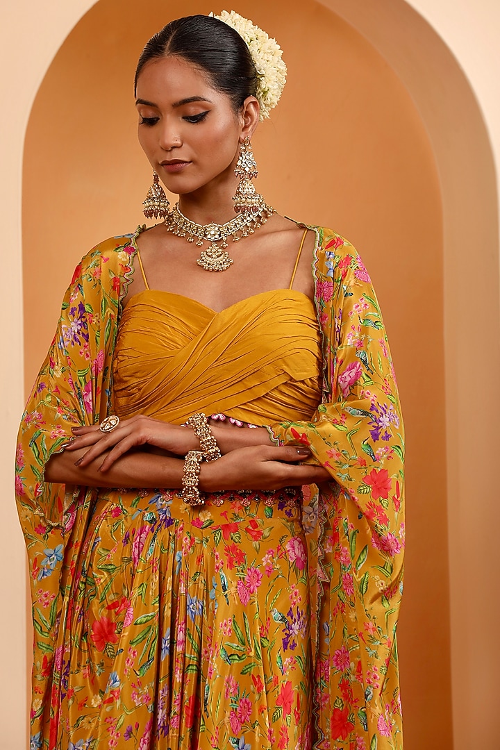 Honey Mustard Crepe Printed Cape Set by Swati Wadhwani Couture at Pernia's Pop Up Shop