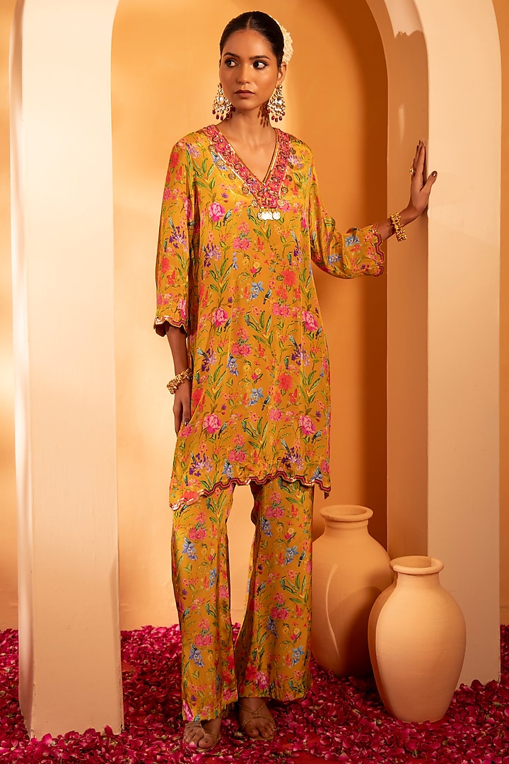 Honey Mustard Crepe Printed & Hand Embroidered Co-Ord Set by Swati Wadhwani Couture at Pernia's Pop Up Shop