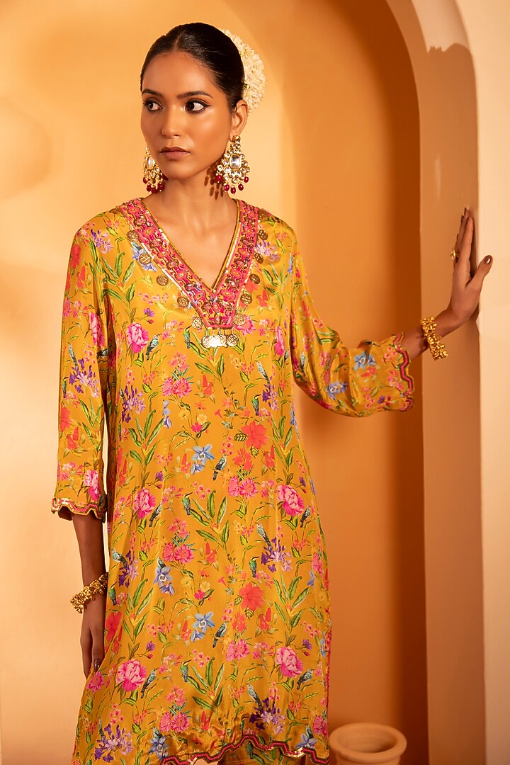 Honey Mustard Crepe Printed & Hand Embroidered Co-Ord Set by Swati Wadhwani Couture at Pernia's Pop Up Shop