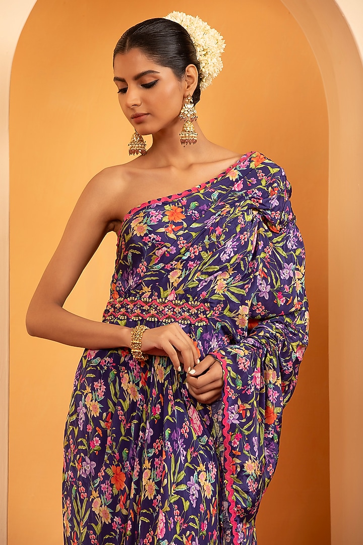 Indigo Blue Crepe Embroidered & Printed Kaftan by Swati Wadhwani Couture at Pernia's Pop Up Shop