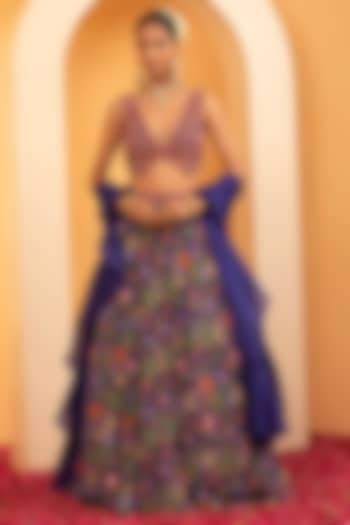 Indigo Blue Crepe Printed Flared Wedding Lehenga Set by Swati Wadhwani Couture at Pernia's Pop Up Shop