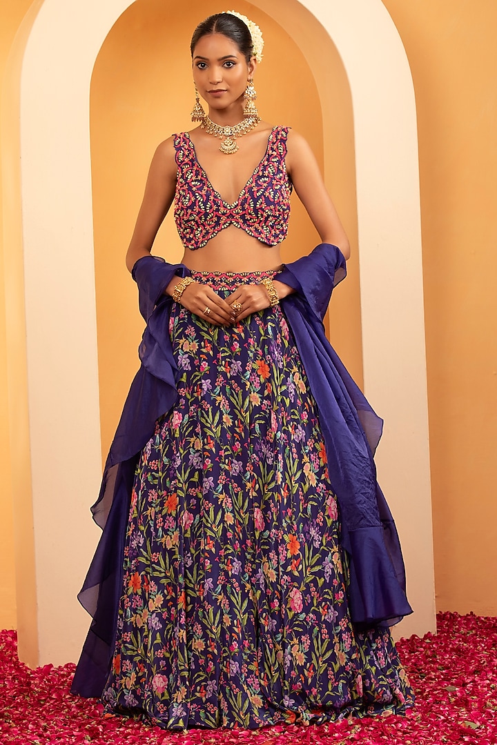 Indigo Blue Crepe Printed Flared Wedding Lehenga Set by Swati Wadhwani Couture at Pernia's Pop Up Shop