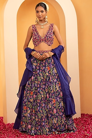 Indigo Blue Crepe Printed Flared Lehenga Set by Swati Wadhwani Couture
