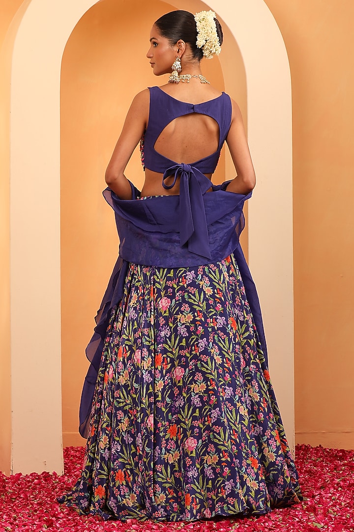 Indigo Blue Crepe Printed Flared Wedding Lehenga Set by Swati Wadhwani Couture at Pernia's Pop Up Shop