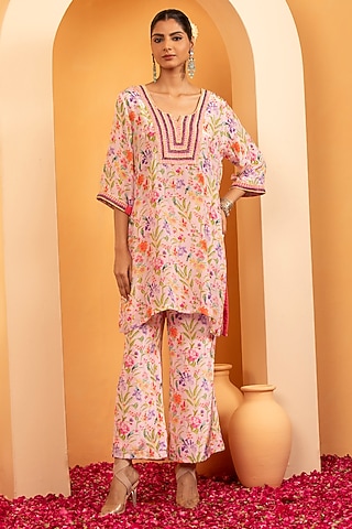 Petal Pink Crepe Printed & Hand Embroidered Co-Ord Set by Swati Wadhwani Couture