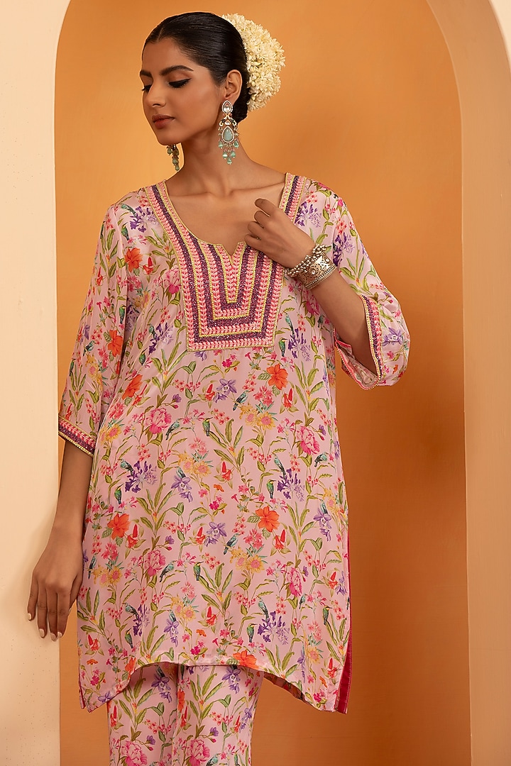 Petal Pink Crepe Printed & Hand Embroidered Co-Ord Set by Swati Wadhwani Couture at Pernia's Pop Up Shop