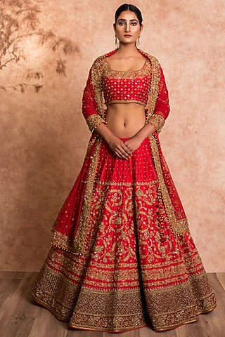 Red Zardosi Embroidered Lehenga Set by SWATI UBROI
