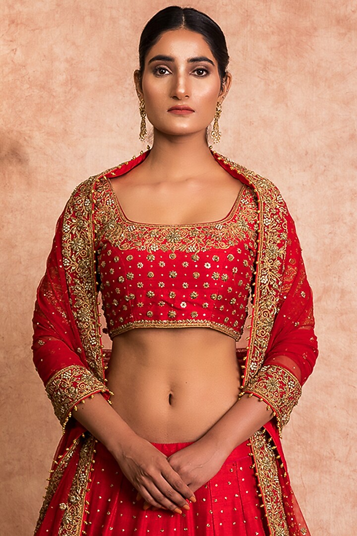 Red Zardosi Embroidered Bridal Lehenga Set by SWATI UBROI at Pernia's Pop Up Shop