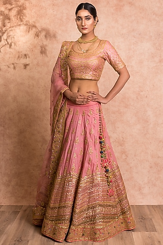 Rose Pink Chevron Lehenga Set by SWATI UBROI
