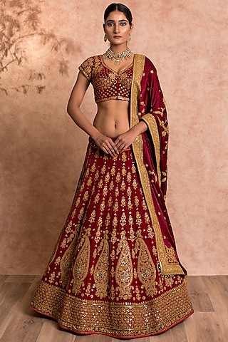 Maroon Lehenga Set With Marodi Work by SWATI UBROI