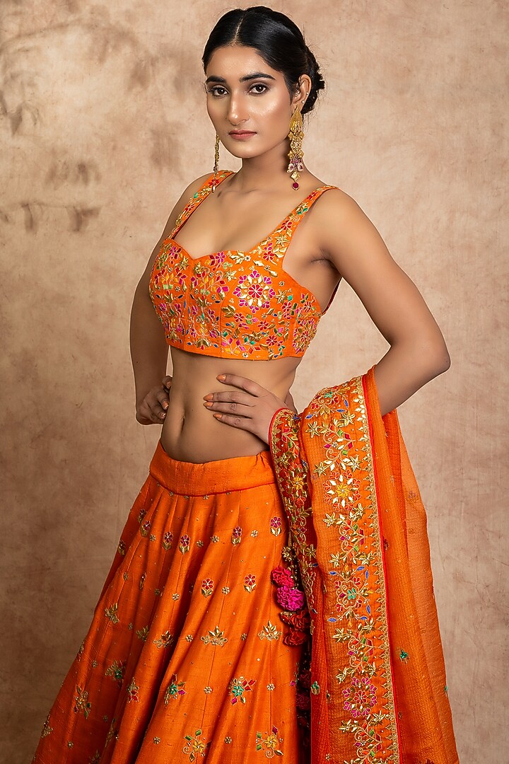 Orange Thread Embroidered Bridal Lehenga Set by SWATI UBROI at Pernia's Pop Up Shop
