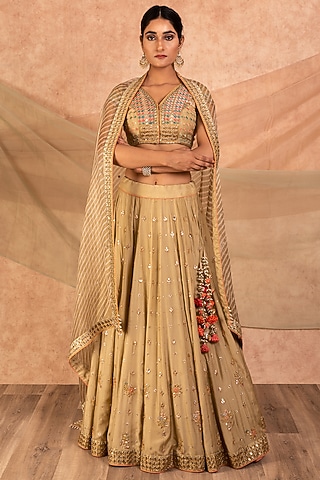 Oyster Gold Zardosi Embroidered Lehenga Set by SWATI UBROI