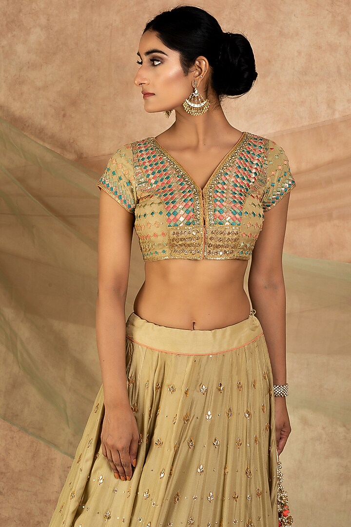Oyster Gold Zardosi Embroidered Bridal Lehenga Set by SWATI UBROI at Pernia's Pop Up Shop
