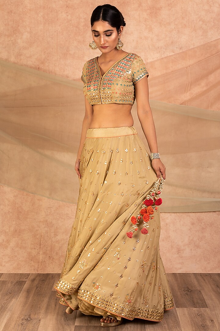 Oyster Gold Zardosi Embroidered Bridal Lehenga Set by SWATI UBROI at Pernia's Pop Up Shop