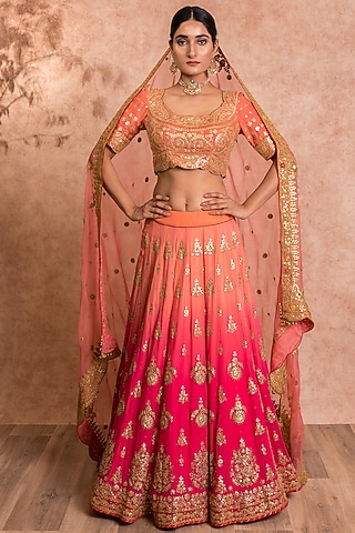 Peach Pink Hand Embroidered Lehenga Set by SWATI UBROI