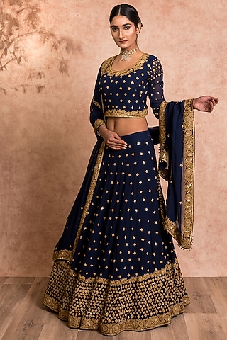 Dark Blue Hand Embroidered Lehenga Set by SWATI UBROI