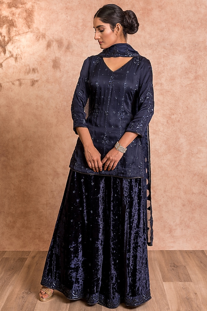Dark Blue Velvet Sequins Hand Embroidered Sharara Set by SWATI UBROI